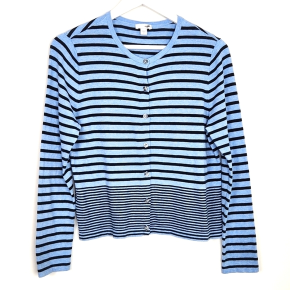 J. Jill Cotton Blend Long Sleeve Blue Striped Crewneck Cardigan Sweater Size M - Picture 1 of 9